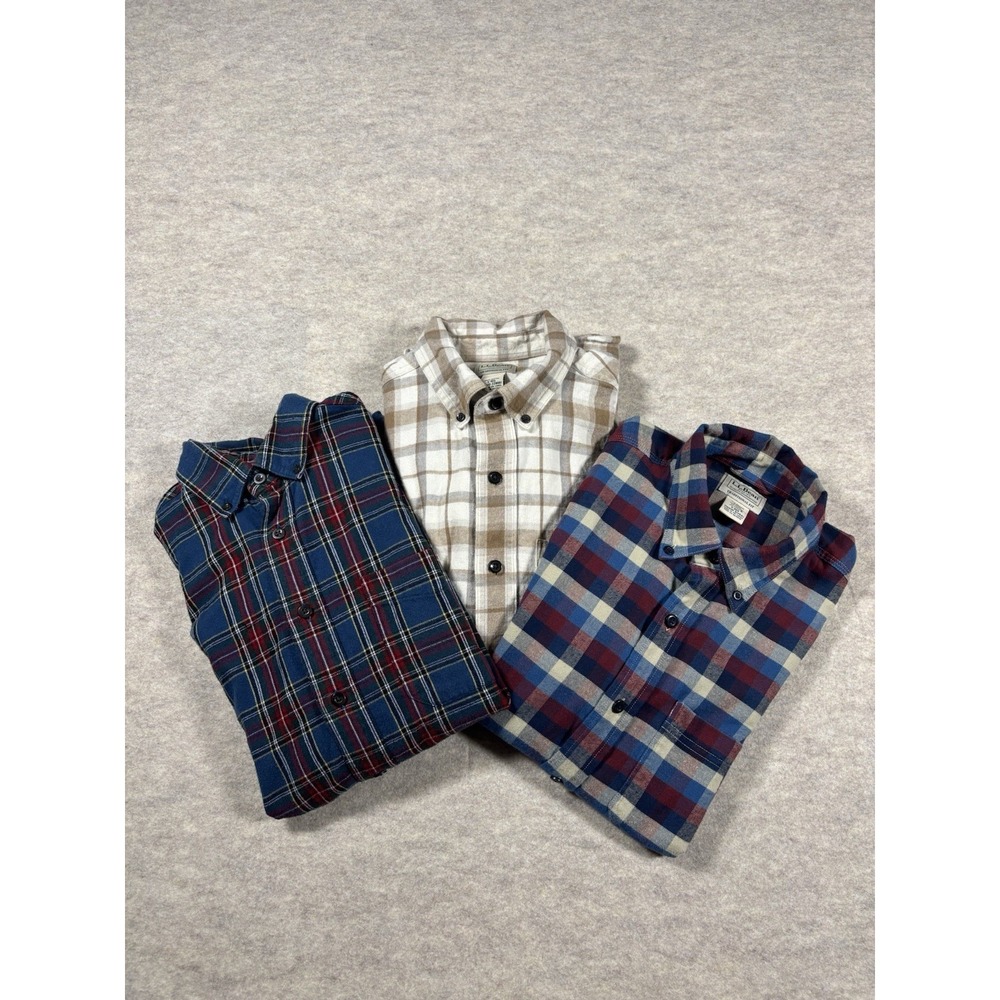 LOT OF 3 - LL Bean Scotch Plaid Flannel Shirt Mens Small Button Up Long Sleeve